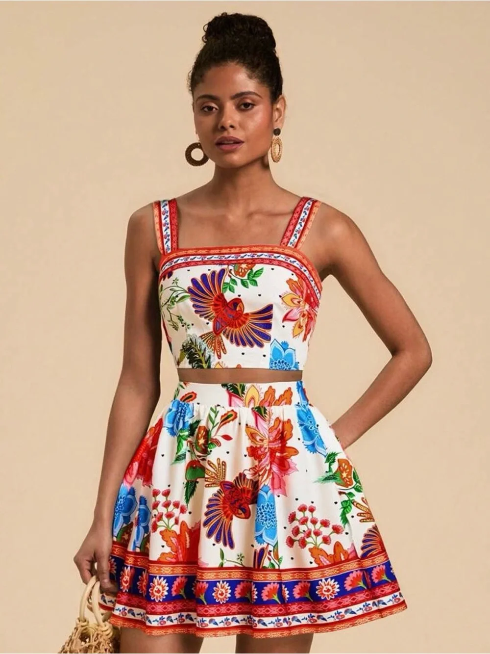 NEW! Floral Bird Print Two-Piece Crop Top & Skater Skirt Set | Size Small